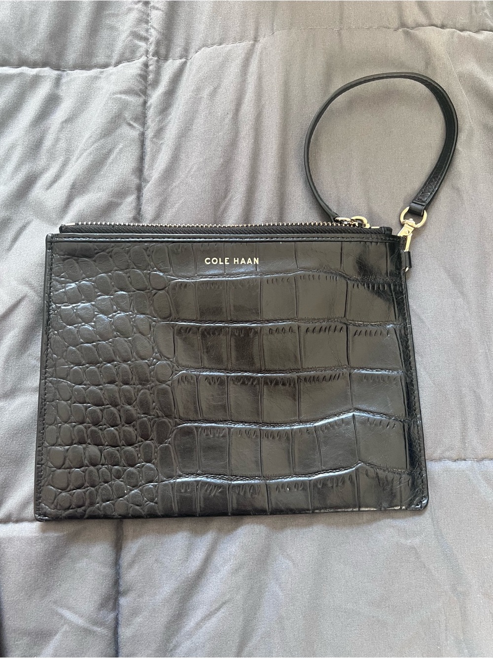 Cole Haan Black Croc-Embossed Wristlet Clutch with Detachable Strap
